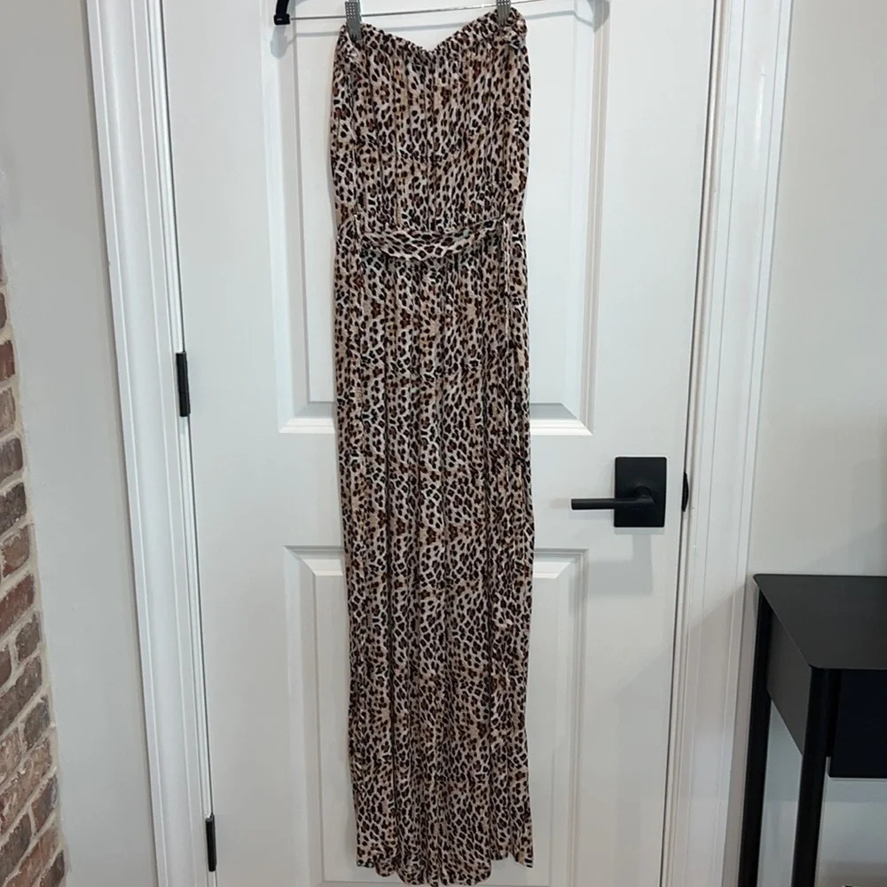 Leopard Print Wide Leg Jumpsuit Strapless Safari Summer Light Women’s Size Small - Picture 5 of 9